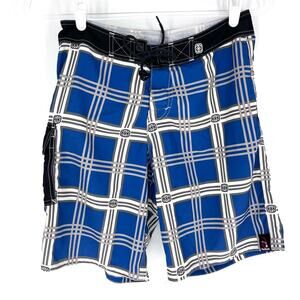 Maui Built Plaid Board Shorts Swim Trunks Blue‎ White Black Mens Size 28